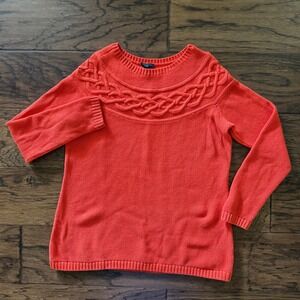 Talbots Sweater Cotton Cashmere Blend Braided Cable Yoke Quiet Luxury Orange MP